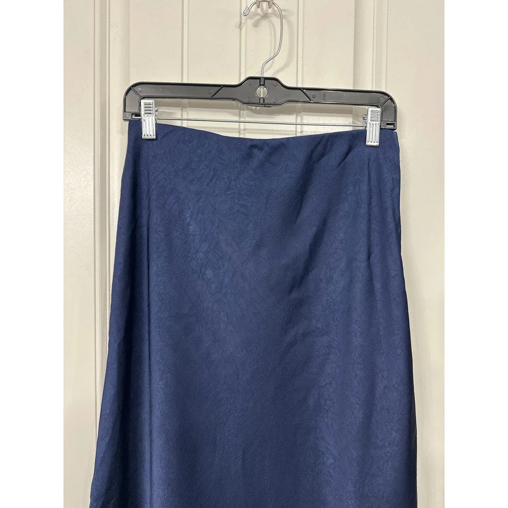 A New Day Navy Blue Jacquard Floral Midi Skirt Black Lace Trim Small